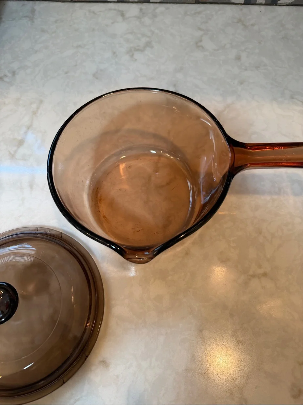 1980s Corning/ Pyrex Visions Cook Ware Amber Brown Glass 1L Pour Sauce Pan w/lid